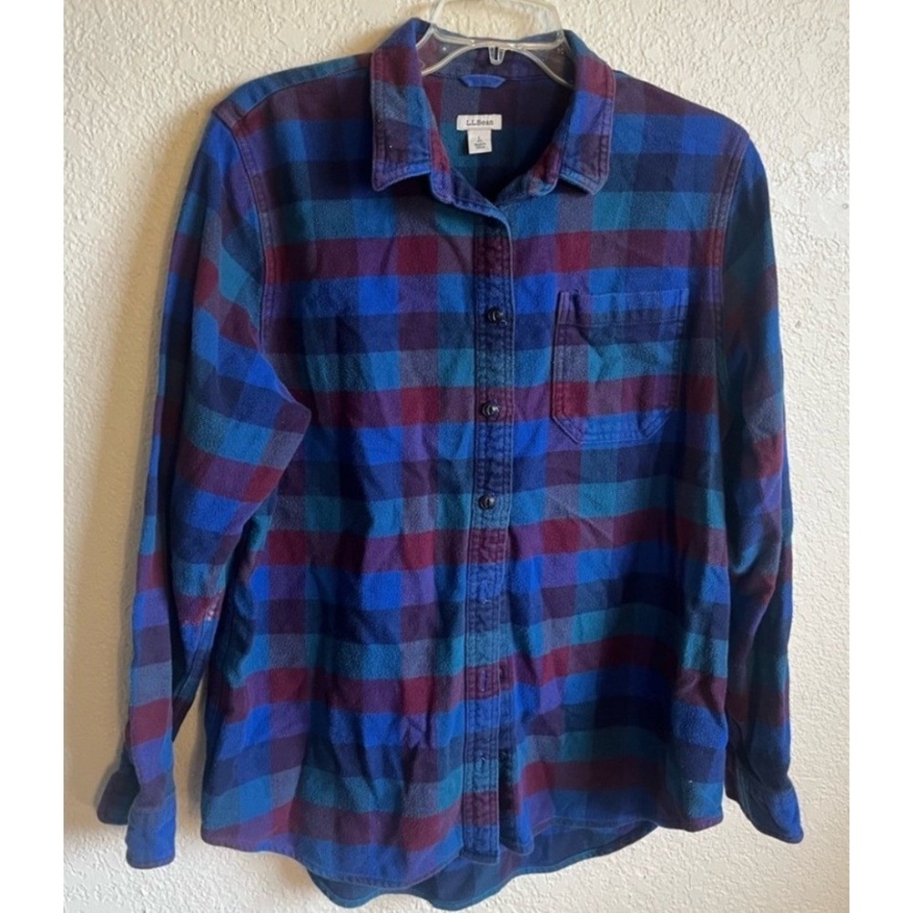 L.L.Bean Men's Large Plaid Flannel Shirt Blue Red Long Sleeve Button Front